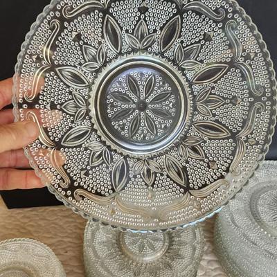 Large Collection of Depression Glass Daisy Plates, Cup, Saucer Bowls