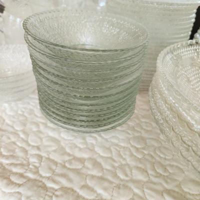 Large Collection of Depression Glass Daisy Plates, Cup, Saucer Bowls