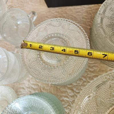 Large Collection of Depression Glass Daisy Plates, Cup, Saucer Bowls