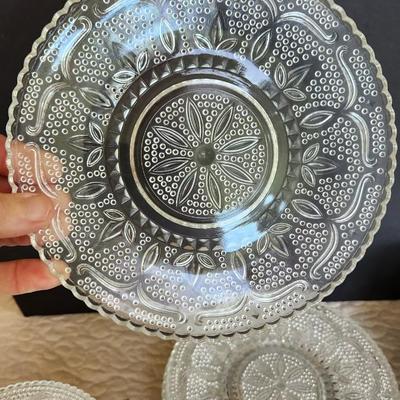 Large Collection of Depression Glass Daisy Plates, Cup, Saucer Bowls