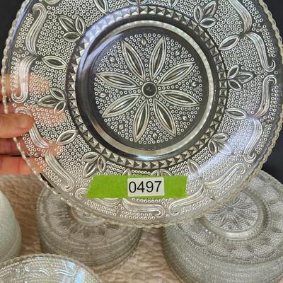 Large Collection of Depression Glass Daisy Plates, Cup, Saucer Bowls