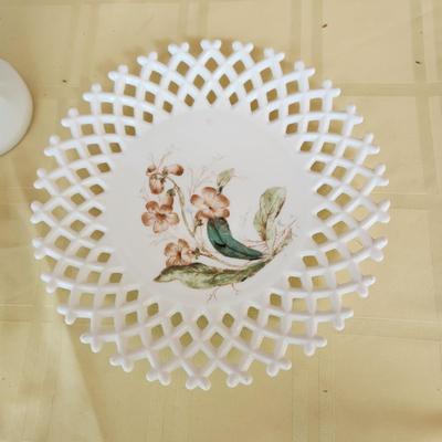 Lot of Milk Glass Vases Cake Platter Turkey Dish , Bowl