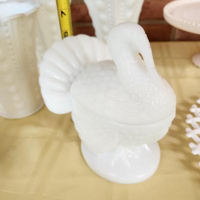 Lot of Milk Glass Vases Cake Platter Turkey Dish , Bowl