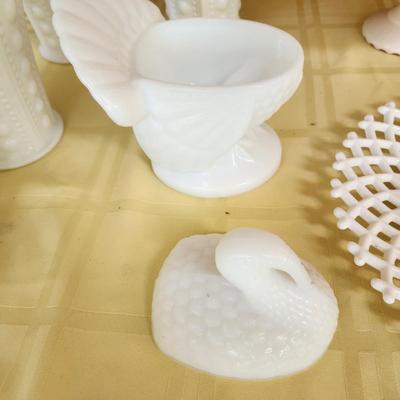 Lot of Milk Glass Vases Cake Platter Turkey Dish , Bowl