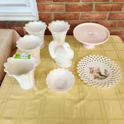 Lot of Milk Glass Vases Cake Platter Turkey Dish , Bowl