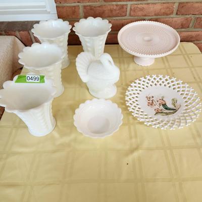 Lot of Milk Glass Vases Cake Platter Turkey Dish , Bowl