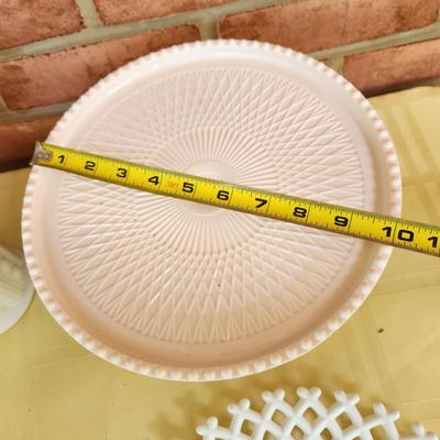 Lot of Milk Glass Vases Cake Platter Turkey Dish , Bowl
