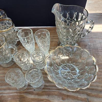 Lot of Jeannetta Glass Thumbprint Glassware Pitchers Glasses, Bowl