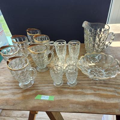 Lot of Jeannetta Glass Thumbprint Glassware Pitchers Glasses, Bowl