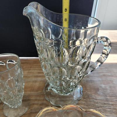 Lot of Jeannetta Glass Thumbprint Glassware Pitchers Glasses, Bowl