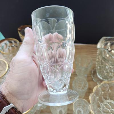 Lot of Jeannetta Glass Thumbprint Glassware Pitchers Glasses, Bowl