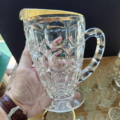 Lot of Jeannetta Glass Thumbprint Glassware Pitchers Glasses, Bowl