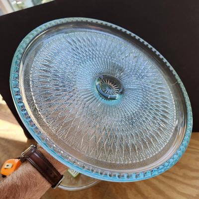 Jeanette Ice Blue Cake Plate Pedestal & 1 Amber Pedestal