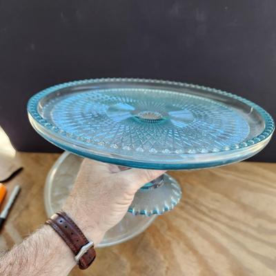 Jeanette Ice Blue Cake Plate Pedestal & 1 Amber Pedestal