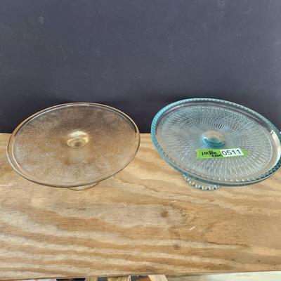 Jeanette Ice Blue Cake Plate Pedestal & 1 Amber Pedestal