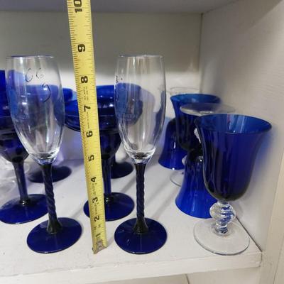 Lot of Mixed Blue Glassware Bowls Candleholders , Glasses, Cover Turtle
