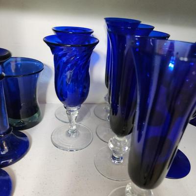 Lot of Mixed Blue Glassware Bowls Candleholders , Glasses, Cover Turtle