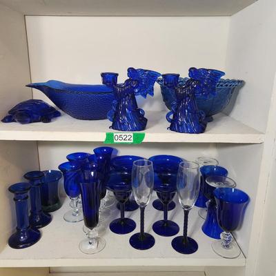 Lot of Mixed Blue Glassware Bowls Candleholders , Glasses, Cover Turtle