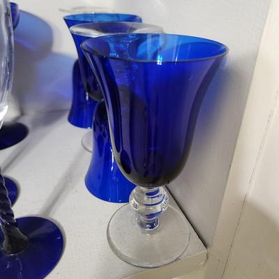 Lot of Mixed Blue Glassware Bowls Candleholders , Glasses, Cover Turtle