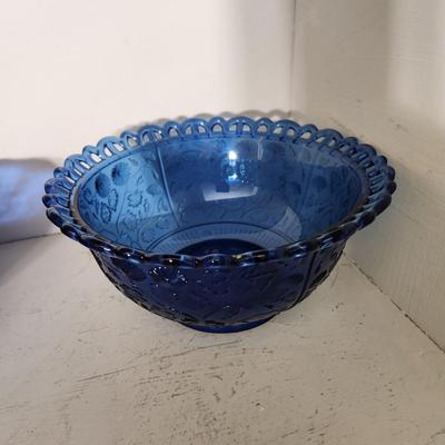 Lot of Mixed Blue Glassware Bowls Candleholders , Glasses, Cover Turtle