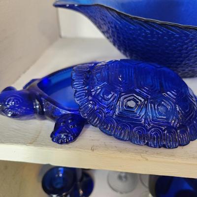Lot of Mixed Blue Glassware Bowls Candleholders , Glasses, Cover Turtle