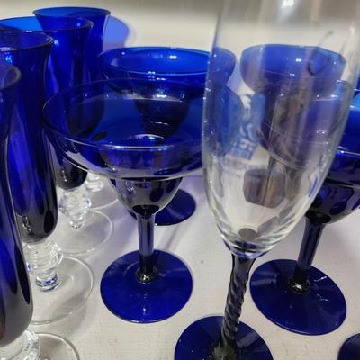 Lot of Mixed Blue Glassware Bowls Candleholders , Glasses, Cover Turtle