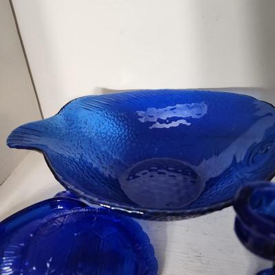 Lot of Mixed Blue Glassware Bowls Candleholders , Glasses, Cover Turtle