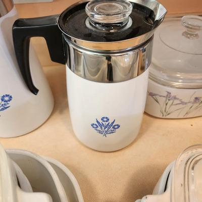 Large Collection of Corning Ware , Coffee Pots , Platter, Dishes