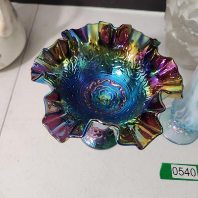 Lot of 6 Art Glass Vases, Carnival Candy Dish ,Hand Painted Fenton