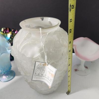 Lot of 6 Art Glass Vases, Carnival Candy Dish ,Hand Painted Fenton