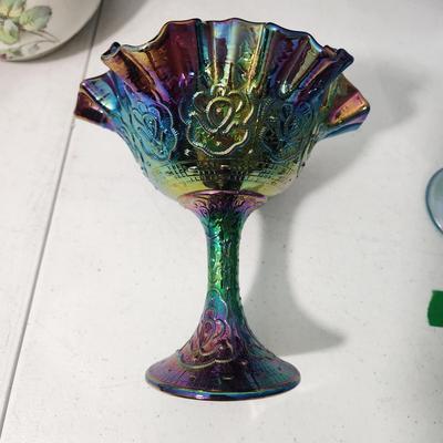 Lot of 6 Art Glass Vases, Carnival Candy Dish ,Hand Painted Fenton