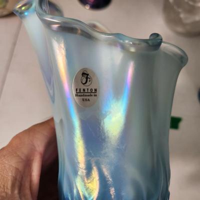 Lot of 6 Art Glass Vases, Carnival Candy Dish ,Hand Painted Fenton