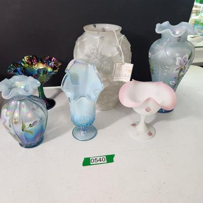 Lot of 6 Art Glass Vases, Carnival Candy Dish ,Hand Painted Fenton