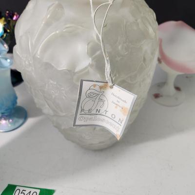 Lot of 6 Art Glass Vases, Carnival Candy Dish ,Hand Painted Fenton