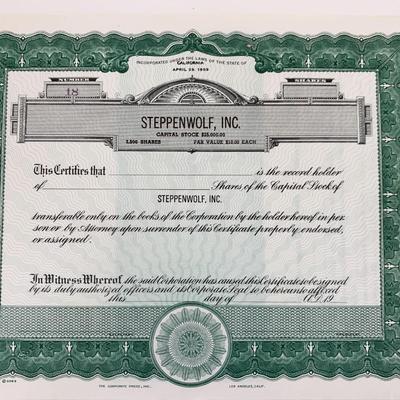 Steppenwolf, Inc. Capital Stock Certificate