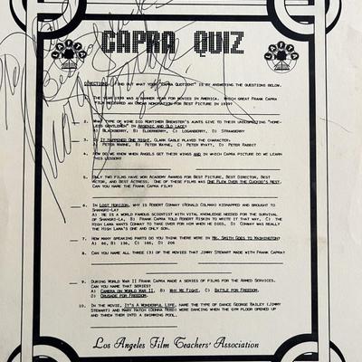 Joseph Walker signed Los Angeles Film Teachers' Association Capra Quiz Sheet