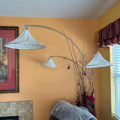 Mid century modern oak and brass arc floor lamp
