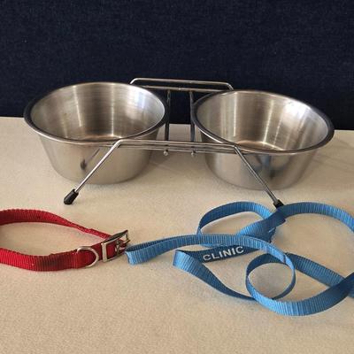 Stainless Dog Bowls with Stand, Collar, and Leash