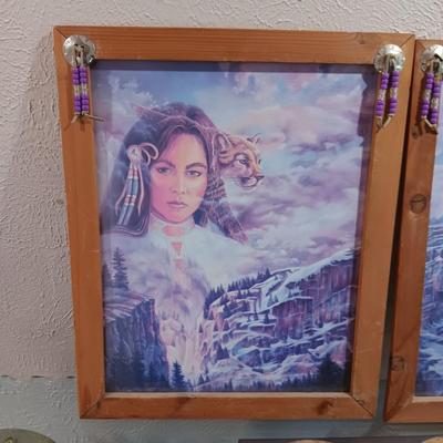 2 PICTURES OF INDIANS AND A METAL 3D WALL HANGING WITH WORDS
