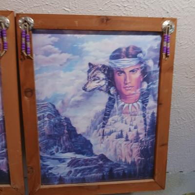 2 PICTURES OF INDIANS AND A METAL 3D WALL HANGING WITH WORDS