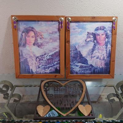 2 PICTURES OF INDIANS AND A METAL 3D WALL HANGING WITH WORDS
