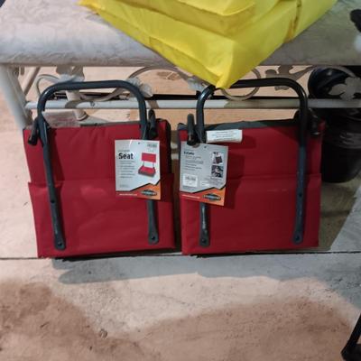 2 NEW BLEACHER CHAIRS, FLOATATION VESTS, FOLDING CHAIR AND A FISHING NET