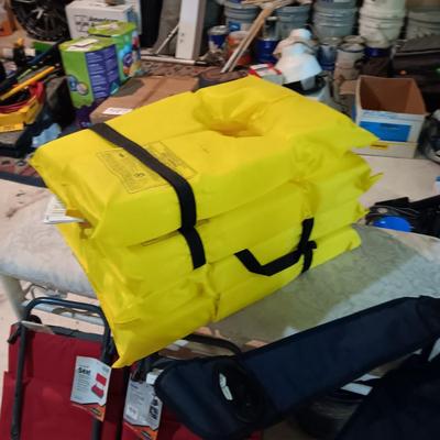 2 NEW BLEACHER CHAIRS, FLOATATION VESTS, FOLDING CHAIR AND A FISHING NET