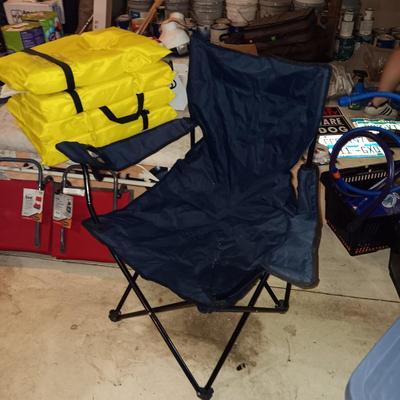 2 NEW BLEACHER CHAIRS, FLOATATION VESTS, FOLDING CHAIR AND A FISHING NET