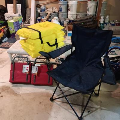2 NEW BLEACHER CHAIRS, FLOATATION VESTS, FOLDING CHAIR AND A FISHING NET