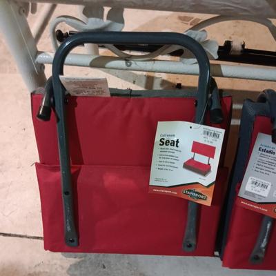 2 NEW BLEACHER CHAIRS, FLOATATION VESTS, FOLDING CHAIR AND A FISHING NET