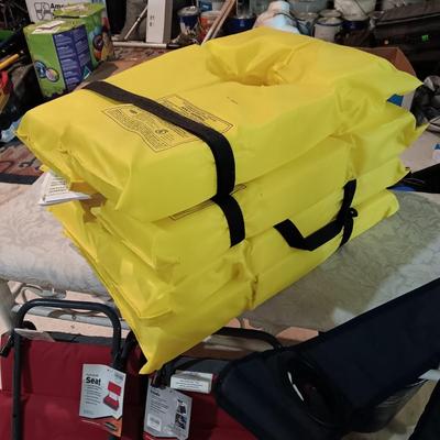 2 NEW BLEACHER CHAIRS, FLOATATION VESTS, FOLDING CHAIR AND A FISHING NET