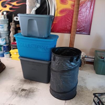 3 STORAGE TOTES AND A COLLAPSIBLE WASTE CAN