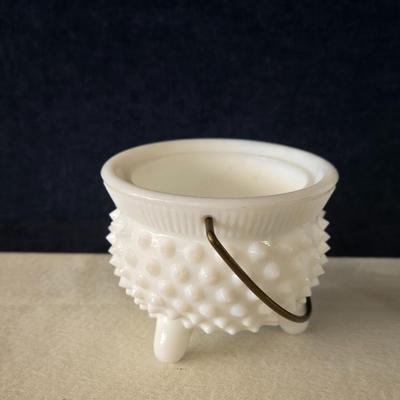 Vintage Hobnail Milk Glass Cauldron and Candy Dish