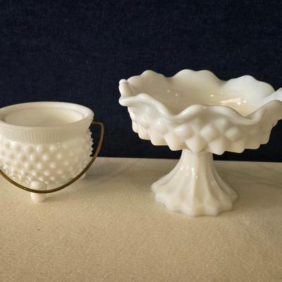 Vintage Hobnail Milk Glass Cauldron and Candy Dish